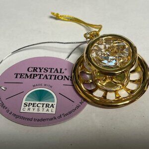 NEW Gold Tone Small Heart Tea Cup Spectra Crystal Hanging Ornament 1.25"